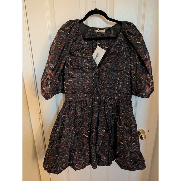 ULLA JOHNSON Gwen Dress Size 12 Obsidian Printed V Neck Puff Sleeve‎ Mini NEW - Picture 4 of 12